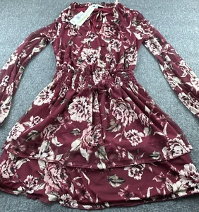 Allison & Kelly Kleid Damen X-Small Burgunderrot Blumen Kurz Transparent Krawatte Neu - Bild 1 von 13