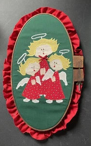 17.5” Handcrafted Applique Christmas Angels Wood Hoop Wall Hanging NEEDS TLC!! - Picture 1 of 11