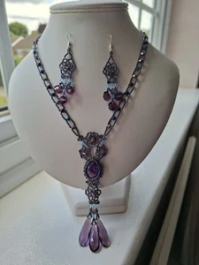 Handmade purple beaded Victorian necklace and earrings set - Picture 1 of 6