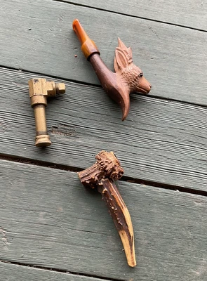 Real Genuine Shed Deer Antler Smoke Pipe -And Folk Art Carved Wood Deer VTG USA! - Image 1 of 4