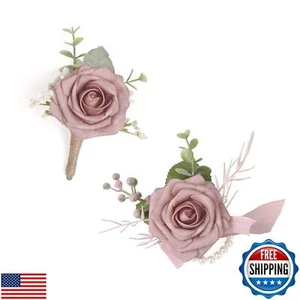 ANNKIN Dusty Rose Corsage and Boutonniere Set, Rose Boutonniere for Men Weddi - Picture 1 of 5