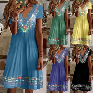 Womens Boho Floral Midi Shirt Dress Ladies Summer Holiday Casual Loose Sundress - Picture 1 of 18