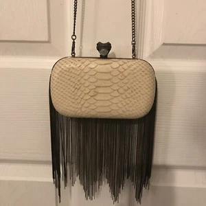 House Of Harlow Clutch Purse Silver Chain Fringe Snake Head Ivory Hard Case - Picture 1 of 6