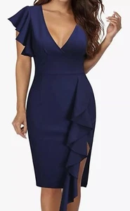 Knitee Women's Deep-V Neck Ruffle Sleeves Cocktail PANCIL Slit Formal Sz XL - Picture 1 of 11