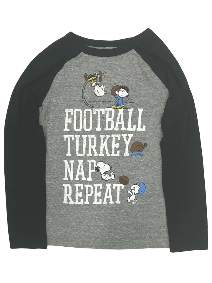 Peanuts Boys Gray Snoopy Football Turkey Nap Repeat Thanksgiving Tee Shirt 7 - Image 1 of 1