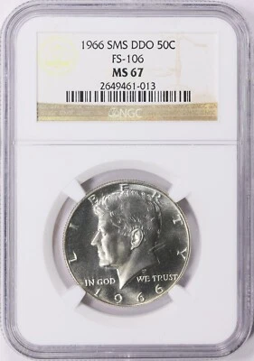 1966 50C Kennedy Half SilverDollar NGC MS67 FS-106 DDO Doubled Die Obverse SMS - Image 1 of 2
