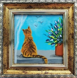 Tabby cat painting original Framed art Сat handmade art Miniature cat painting - Picture 1 of 9