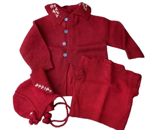 VTG 50s Hand Knit Children's Sweater Set: Red Cardigan, Shell, Blouse & Hat - Picture 1 of 9