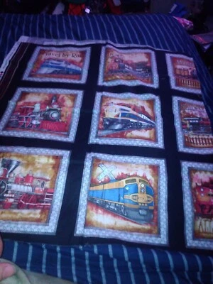 VTG TRAINS Fabric 22"x44" Train Railroad Prints-New Other- "Right on Track" - Image 1 of 2