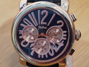 Mens Black Leather XL Rose Gold Retro Pop-Art Chrono Watch PK3022 NEW - Picture 1 of 11