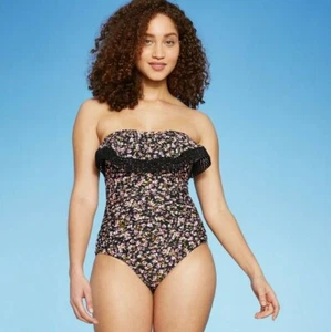 Kona Sol Women's Crochet Flounce Bandeau High Coverage One Piece Swimsuit Medium - Picture 1 of 9