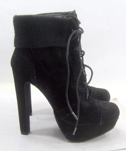 Bamboo Black 5.5"Block High Heel Round Toe Lace Up Ankle Boot Women Size 10 - Picture 1 of 6