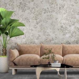 Cream Gray - tan brass faux fabric floral branches leaves textured wallpaper 3D - Picture 1 of 12