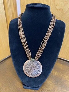 Tribal Medallion Necklace - Multistrand Copper-tone Beads Pendant - Picture 1 of 10