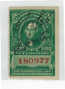 $100 Green Washington Revenue Stamp Used - Picture 1 of 2