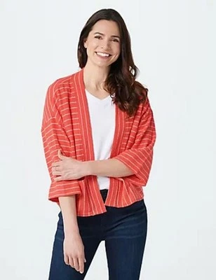 Isaac Mizrahi Bittersweet Red Striped Knit Cardigan with Patch Pockets New - Image 1 of 4