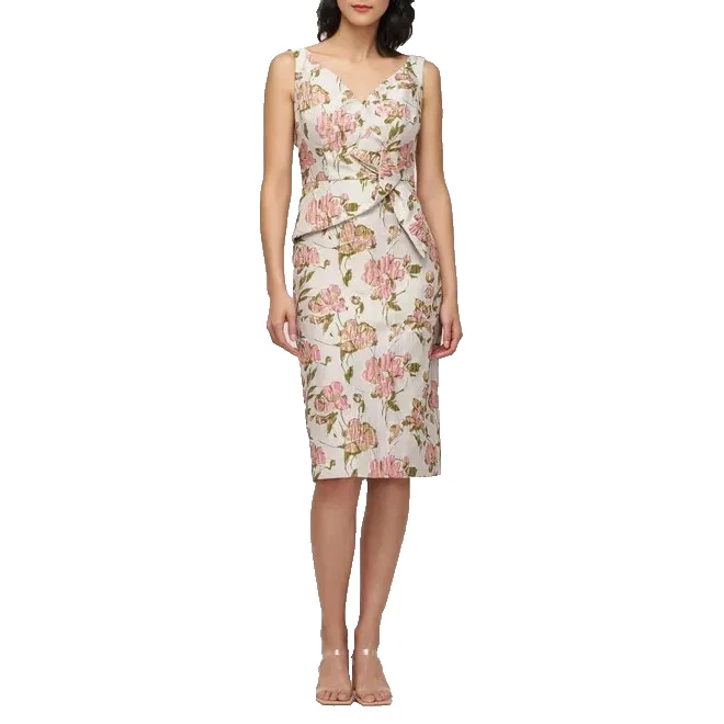 JS Collections Cream Pink Green Veda Bow Sheath Cocktail Dress Size 8 $248 - Image 1 of 4