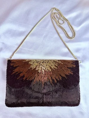 Vintage La Regale Beaded Gold Copper Brown Black Bag Snake Chain Purse  Evening - Image 1 of 4