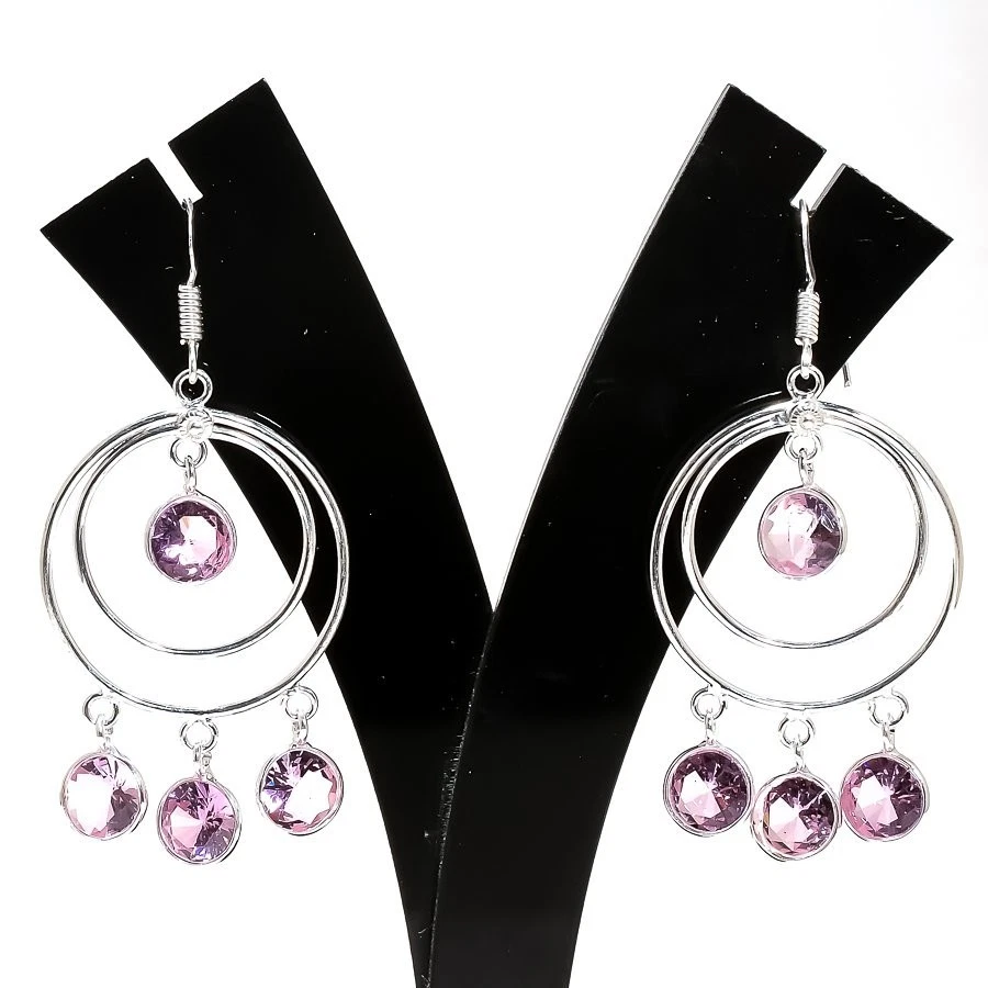 Pink Kunzite Gemstone Handmade 925 Sterling silver Jewelry Earring Size 2.30" - Image 1 of 1