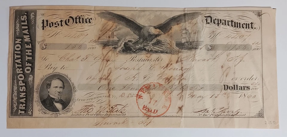 Post Office Department Transportation of the Mails Check Draft 1860 Newark NJ - Image 1 of 3