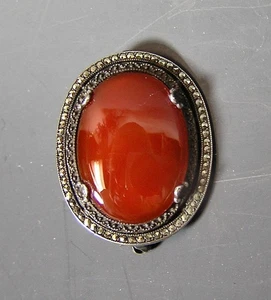 Antique Sterling Silver  & Marcasite  Cornelian Brooch,Pin - Picture 1 of 2