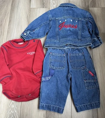 VTG Baby Guess Denim Blue Jeans Jacket Button Up Long Sleeve 3 Pc Outfit 6/9 Mo - Image 1 of 4