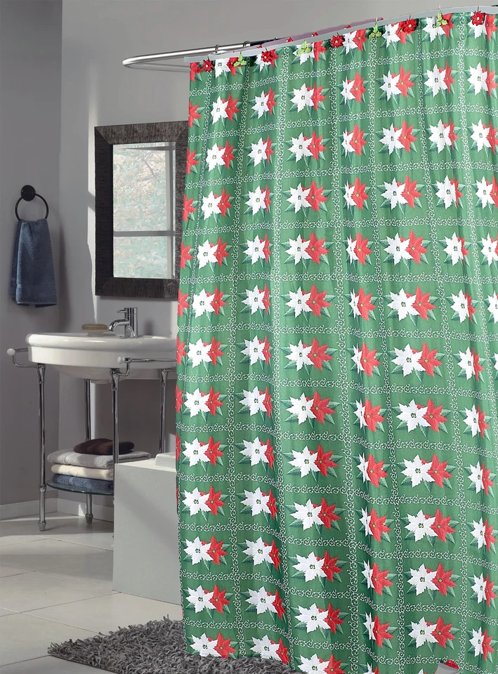 Holiday Floral Poinsettia Carnation Home Multi-color Fabric Shower Curtain