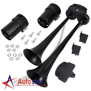 12V Black Loud Dual Trumpet Train Air Horn System Kit Car/Truck/Boat/Van - Picture 1 of 12