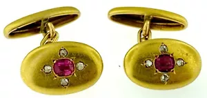 Antique French Victorian Era 18K Yellow Gold Rose Cut Diamonds+Ruby Cuff Links~ - Picture 1 of 11