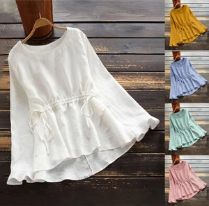 Womens Cotton Linen Tunic Tops Ladies Long Sleeve Casual T Shirt Blouse 6-14 - Picture 1 of 16
