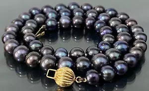 Black Cultured Pearl Single-Strand Necklace W/ 14K Yellow Gold Clasp 41cm Long - Picture 1 of 4