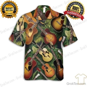 Acoustic & Electric Guitar Hawaiian Shirt Unisex Palm Leaves Tropical Music - Picture 1 of 8