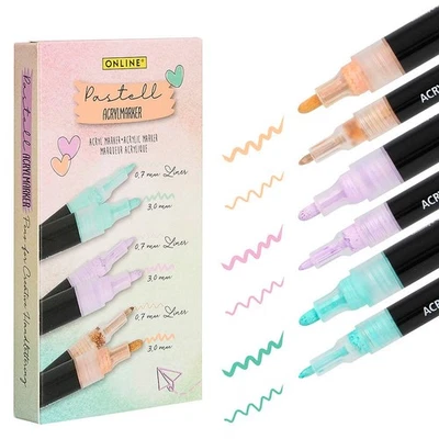 ONLINE® Pastell Lettering Acrylstifte-Set farbsortiert 0,7 + 3,0 mm, 6 St. - Bild 1 von 4