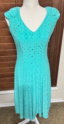 London Times Dress Midi Aqua green eyelet stretchy fit flare sz 2 fairy mermaid - Image 1 of 4