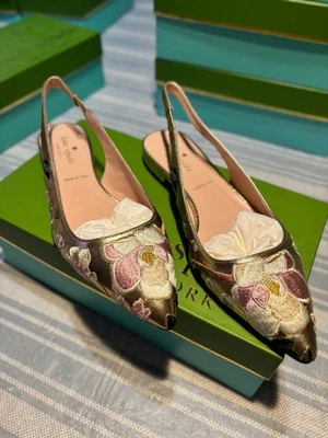 Kate Spade Barnie золото розовый цветочный вышитый слинга плоскостях новый сделано в Италии - Изображение 1 из 4
