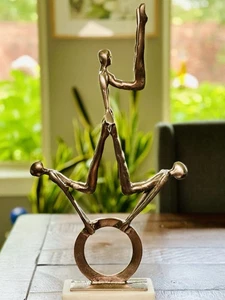 Vtg Metal Gymnast Acrobats Folk Art Abstract Sculpture On Marble 21" Tall Statue - Picture 1 of 15