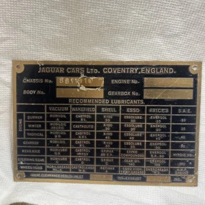 JAGUAR ID LUBRICATION SPECIFICATION PLATE SOLID BRASS XK130 1950’s - Picture 1 of 6