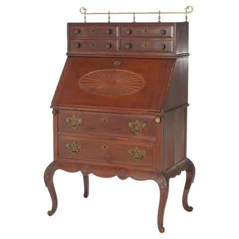 Antique Carved Mahogany Drop-Front Secretary with Brass Gallery, circa 1910 Cover
