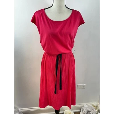 Vertigo Dress Pink Rosebloom Pleated Midi with Belt Keyhole Back XL - Image 1 of 4