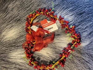 NEW - Valentines Wall Decor - Heart Shaped Wreath with Bow, Red Hearts & Berries - Picture 1 of 1