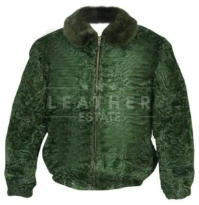 Men's Green Persian Lamb Fur B3 Bomber Jacket Real Green Mink Fur Collar Coat - Picture 1 of 6