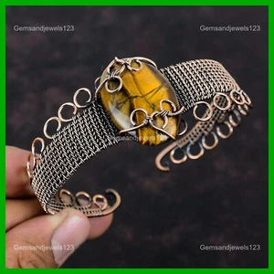 Natural Tigers Eye Trendy Wire Wrapped Sacral Chakra Sister Bangle Cuff Copper - Picture 1 of 6