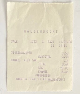 1988 Vintage Waldenbooks Hawaii Original Purchase Receipt - Picture 1 of 4