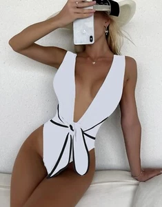 womens one piece swimsuit white front tie vacation - Picture 1 of 3