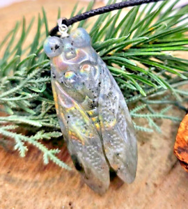 Unique Nature Labradorite Carved Flashy Big Cicada Pendant Necklace