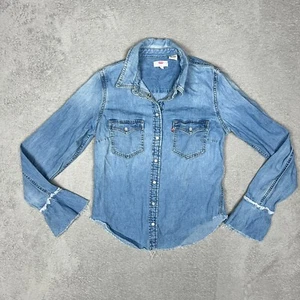 Levis Denim Shirt Snap Button Up Women XS Pearl Long Sleeve Collared Blue Cotton - Picture 1 of 7