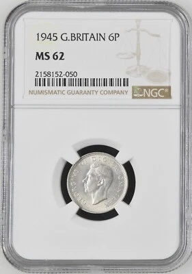 Great Britain - 1945 George VI Silver 6 Pence - NGC MS62 - Image 1 of 2