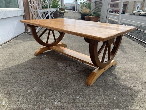 Rare - Solid Oak Wagon Wheel Coffee Table  Mid-Century,  Rare Up Facing Wheel Cover