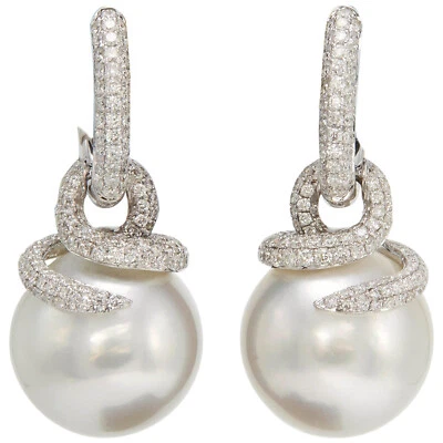 Magnificent Two Solid White Pearls With Pave Set Lab-Created Diamonds Earrings - Image 1 of 4