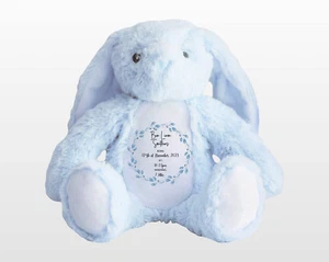Personalised Blue Floral Teddy Bunny, New Baby Gift, Your name toy baptism gift - Picture 1 of 5